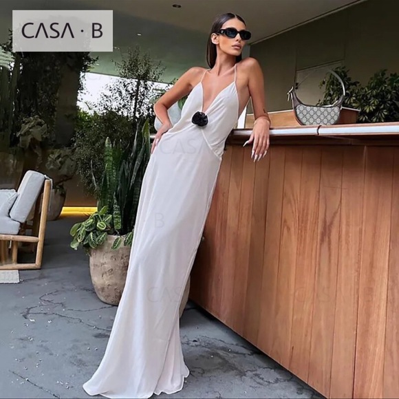 SOON to CASA B✨Madeline Sheer Floral Appliqué Deep V Long Slip Sheath Maxi Dress - Picture 10 of 13